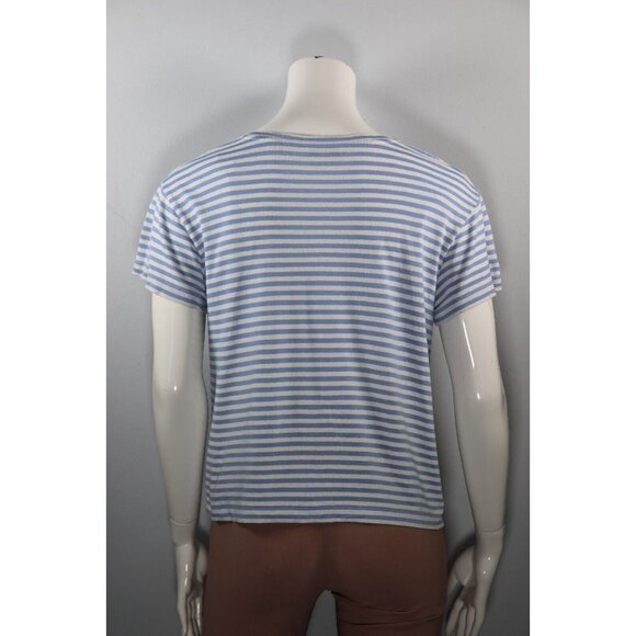 Vince Women's Large Steel Blue Bone White Stripe T-Shirt Silk Blend Tee Crew Top - Picture 5 of 11
